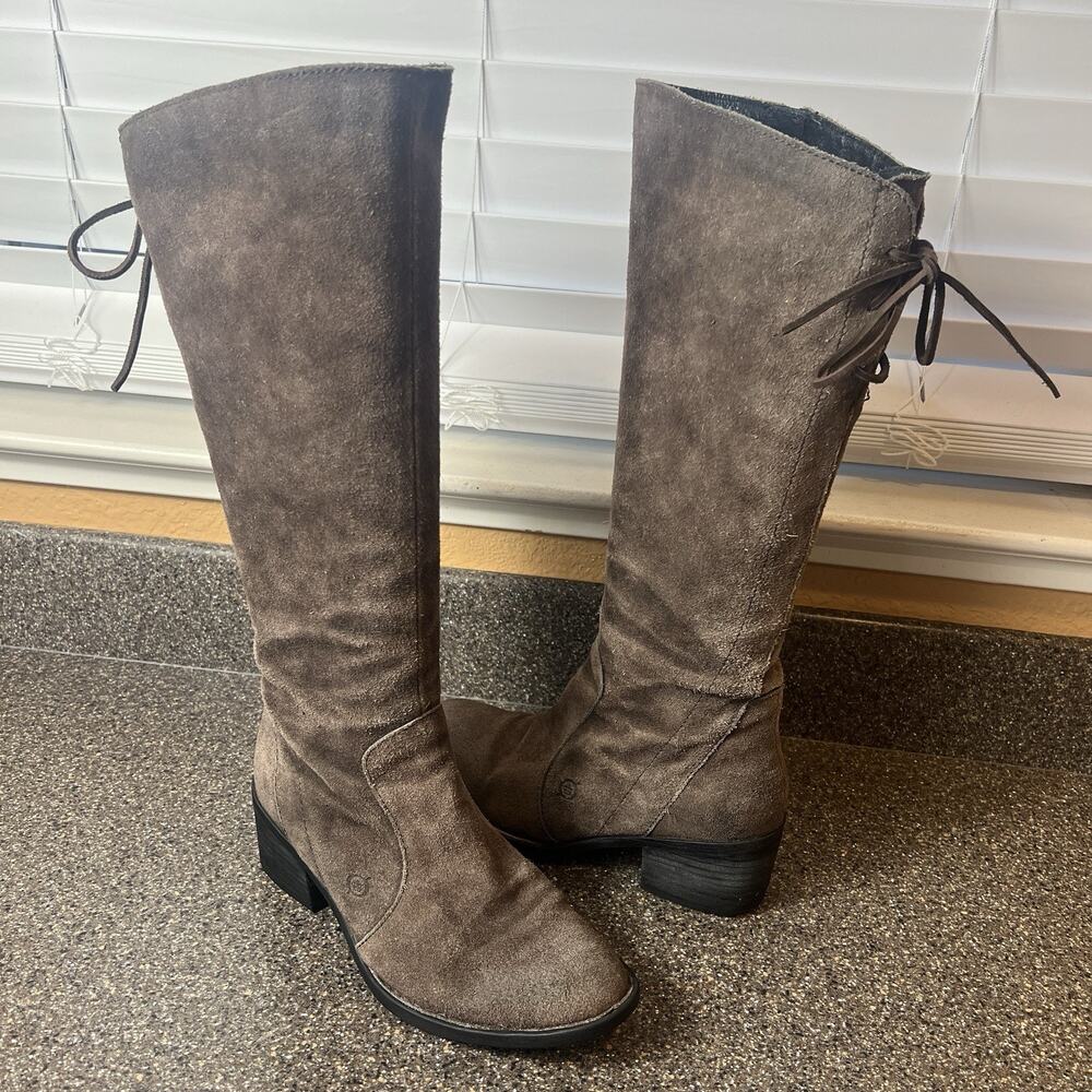Born Shoes Knee High Boots Women's Sz 7M Brown Suede Comfort Casual Low Heel Zip